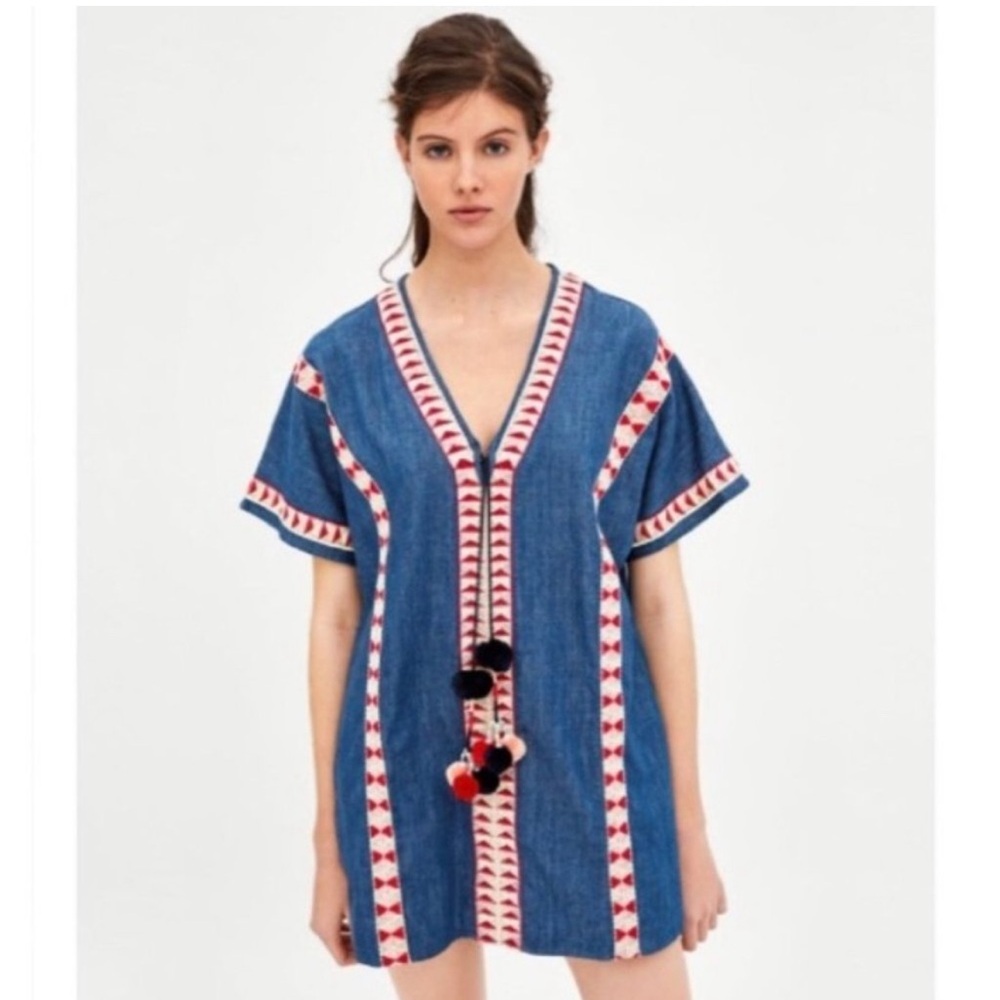 Zara TRF Collection Blue embroidered denim dress tunic pompom pockets Sz Large